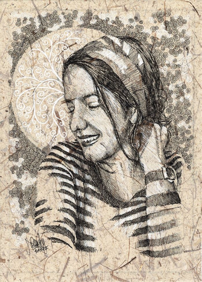 portrait spiralaire au feutre noir et blanc sur papier banane 25x35 cm.
Elina Rabat 042020